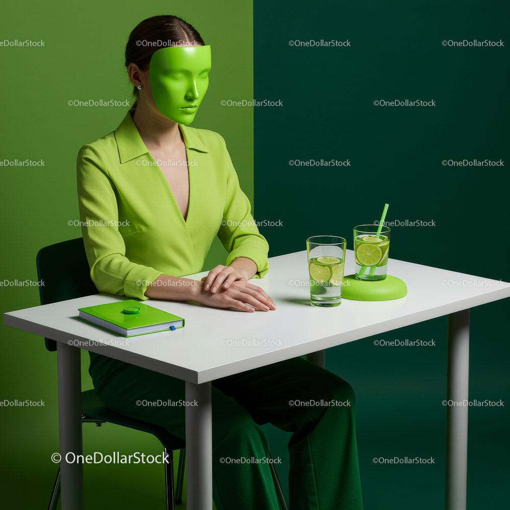 Stylish Woman in Green with Refreshing Drink in Modern Workspace Stock Photo Bundle preview 11