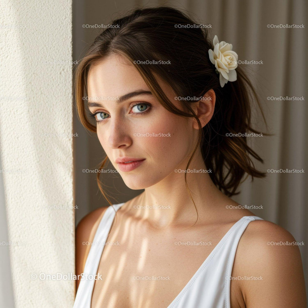 Elegant Portrait of a Young Woman with Blue Eyes and White Flower Hair Accessory