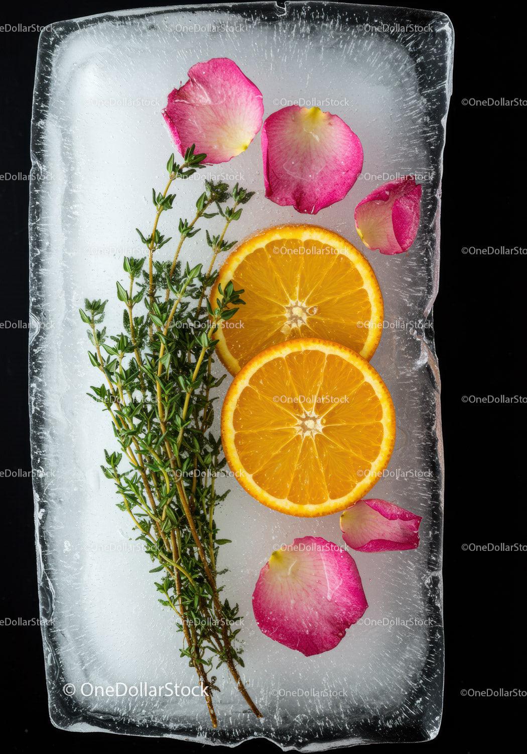 Fresh orange slices and herbs frozen in ice block