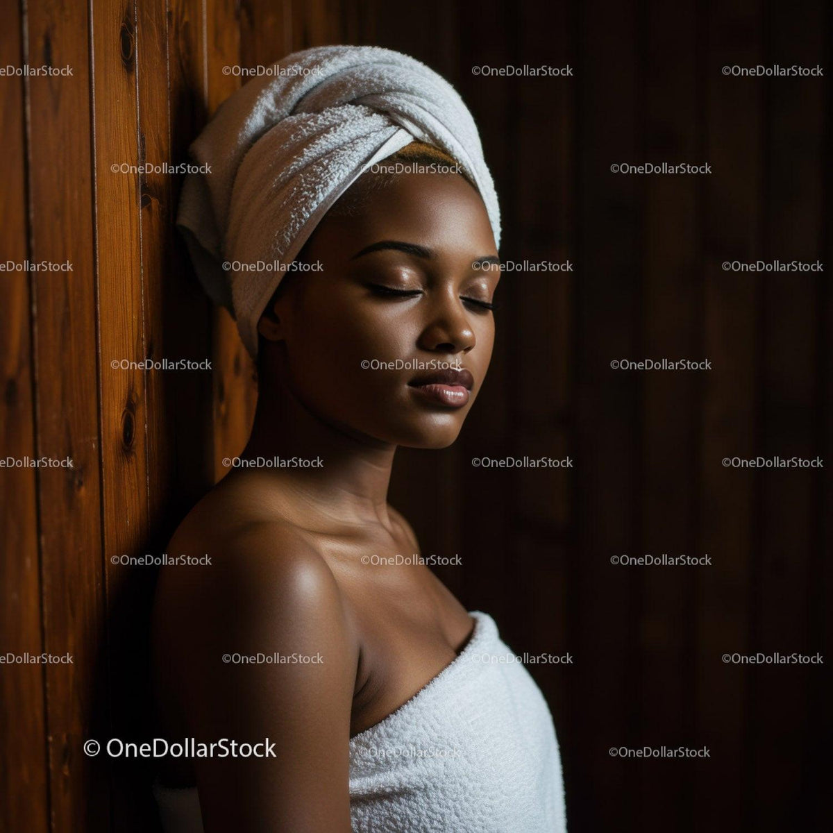 Portrait of a Relaxing Woman with Towel and Hair Wrap in Spa Setting
