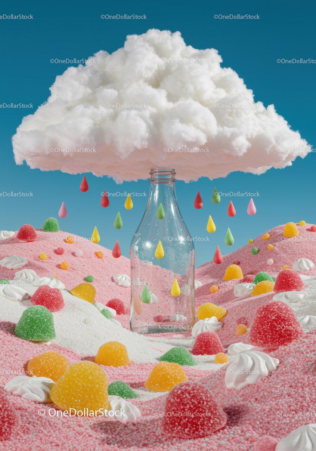 Creative candy landscape with cloudy raindrops and glass bottle