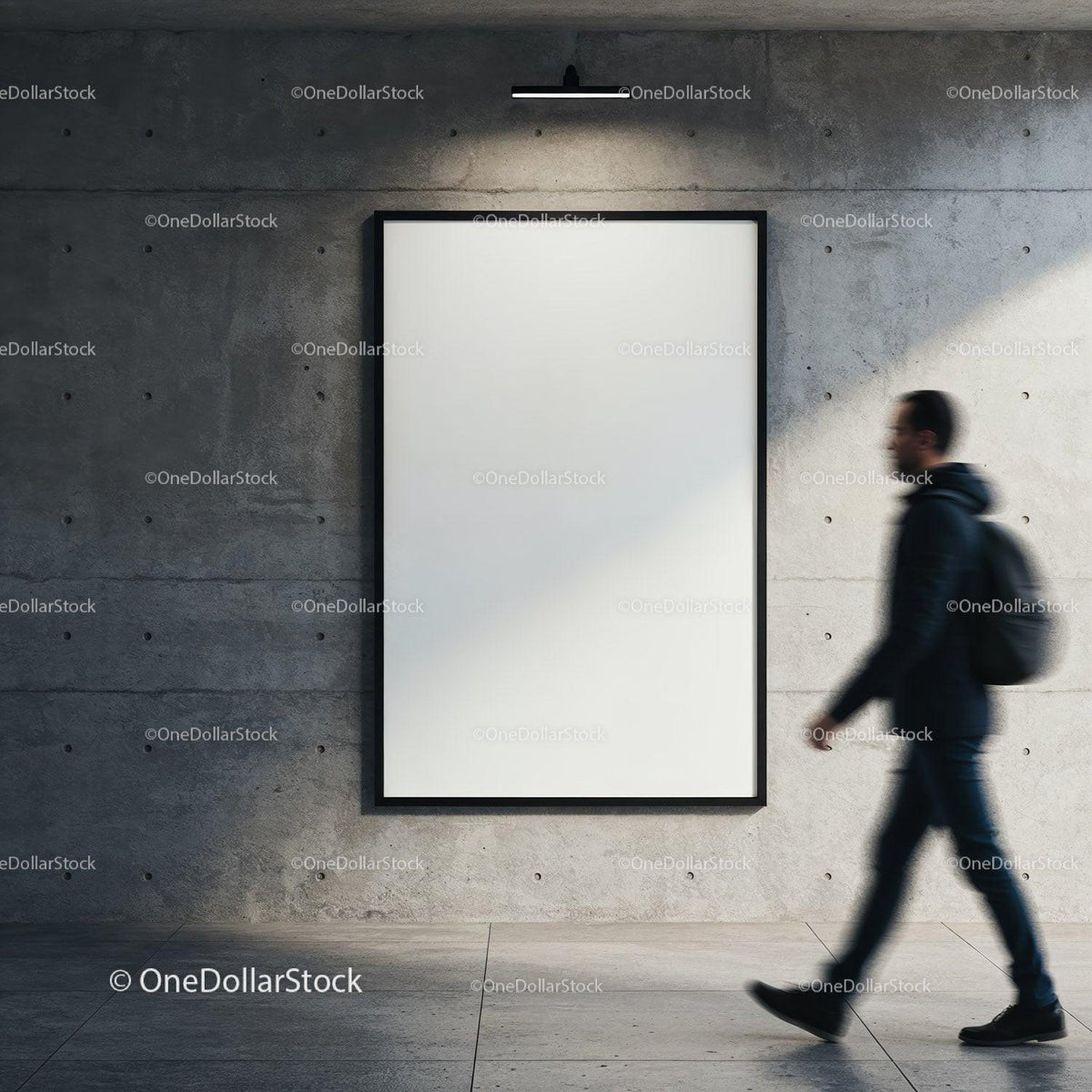 Blurred Man Walking Past Blank Poster on Concrete Wall JPG Mockup Image preview