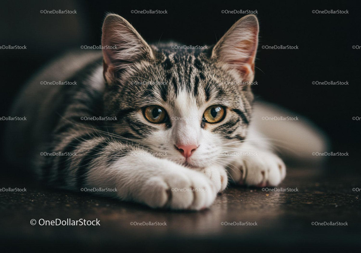 Close up of attentive tabby cat lying on dark floor