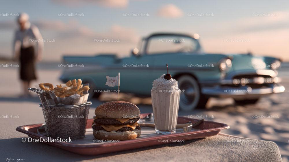 Vintage Car and Beachside Picnic with Hamburger Milkshake and French Fries