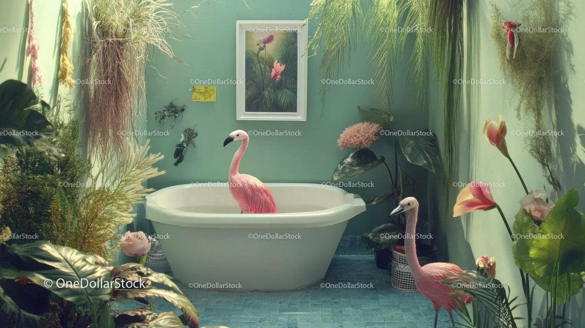 Two pink flamingos in a white bathtub with tropical plants and green walls in a bathroom