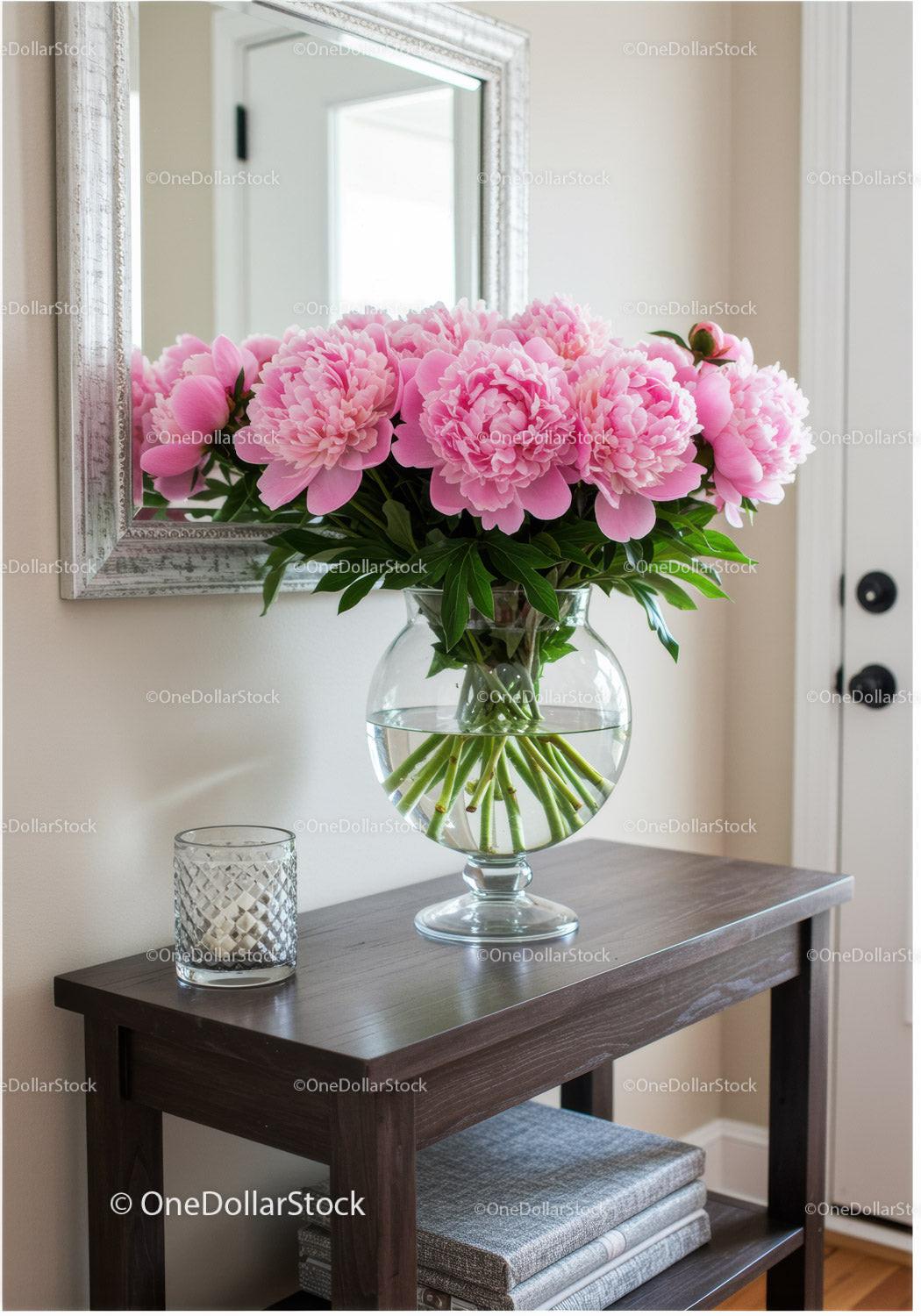 Beautiful Pink Peony Flower Arrangement in Clear Glass Vase for Interior Decor