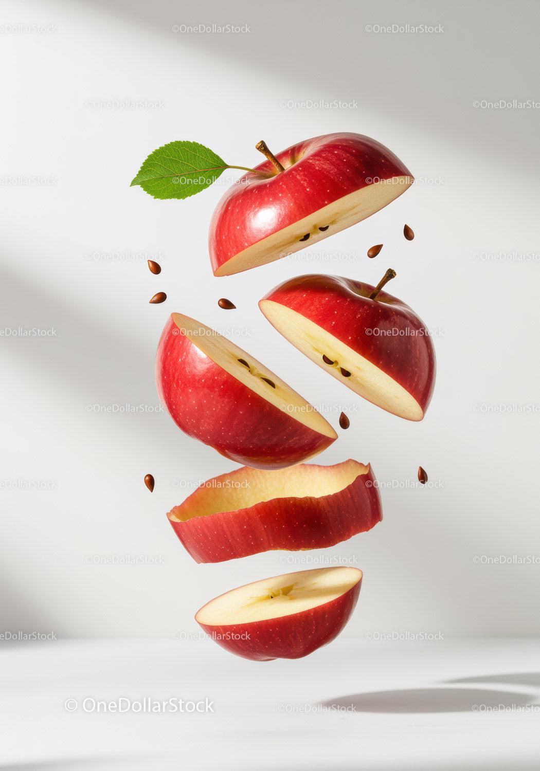 Sliced red apple floating with seeds and leaf