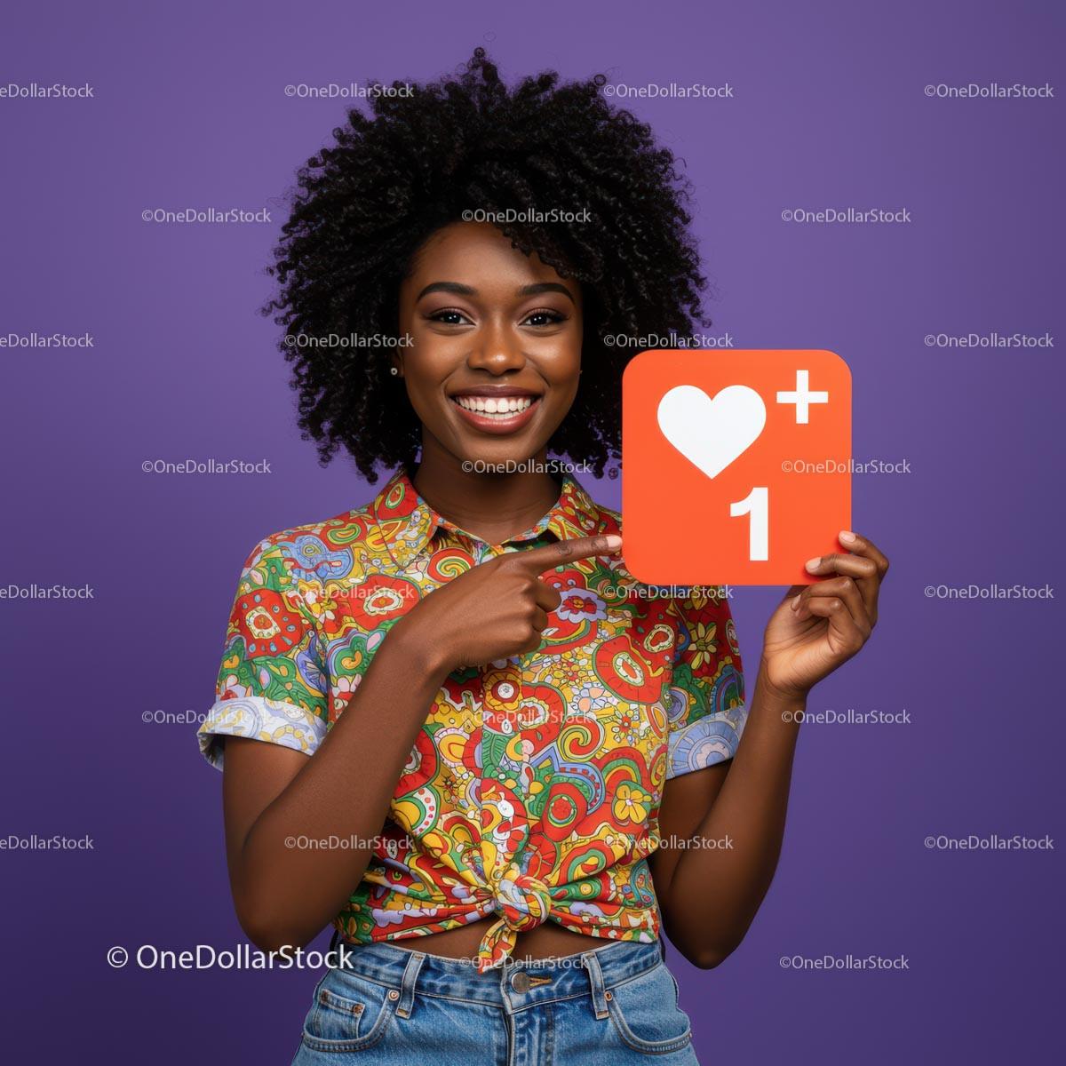 Smiling Woman Holding Heart Sign with Colorful Shirt Against Purple Background Stock Photo Bundle preview 40