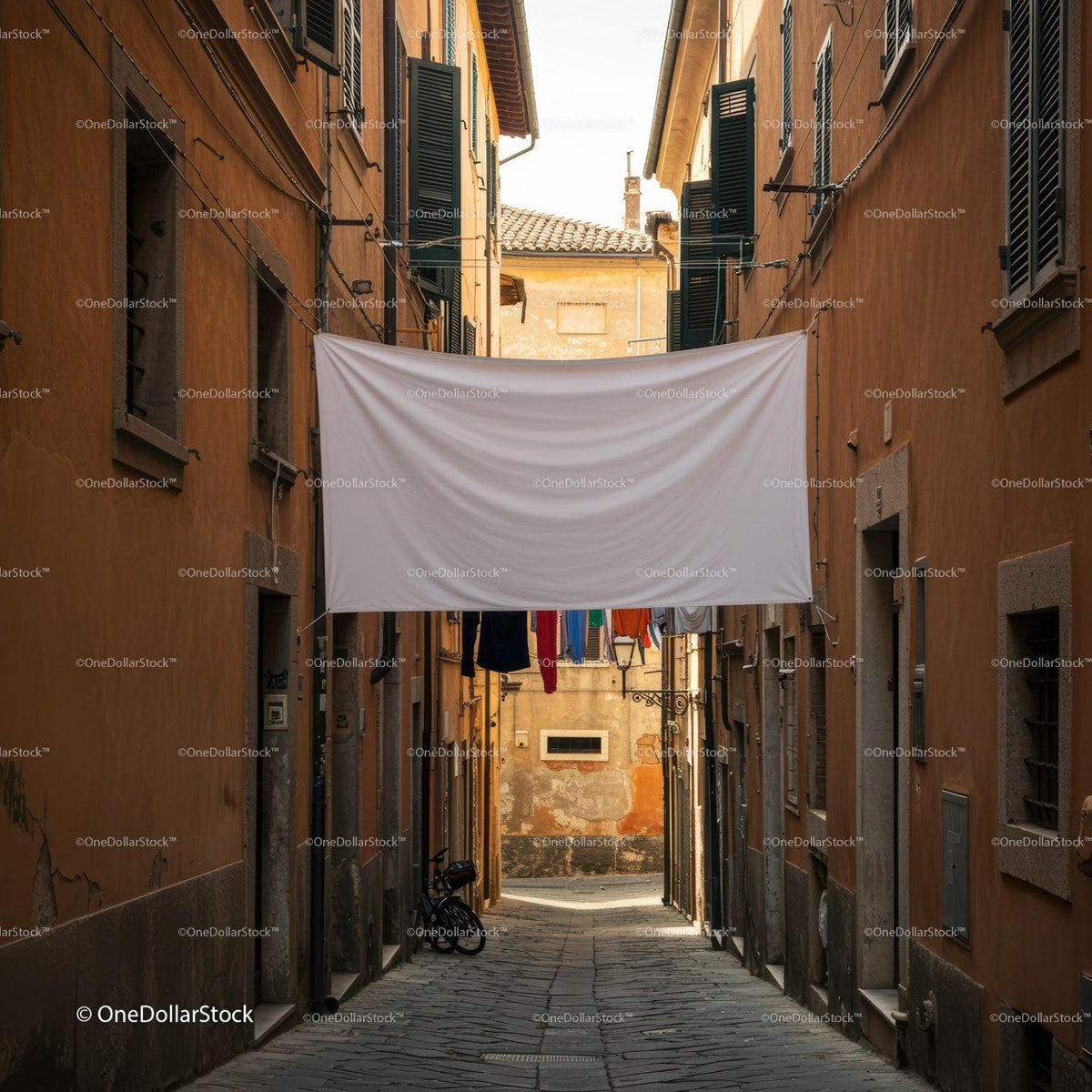 Narrow Italian Alley with Hanging White Linen Sheet JPG Mockup Image preview