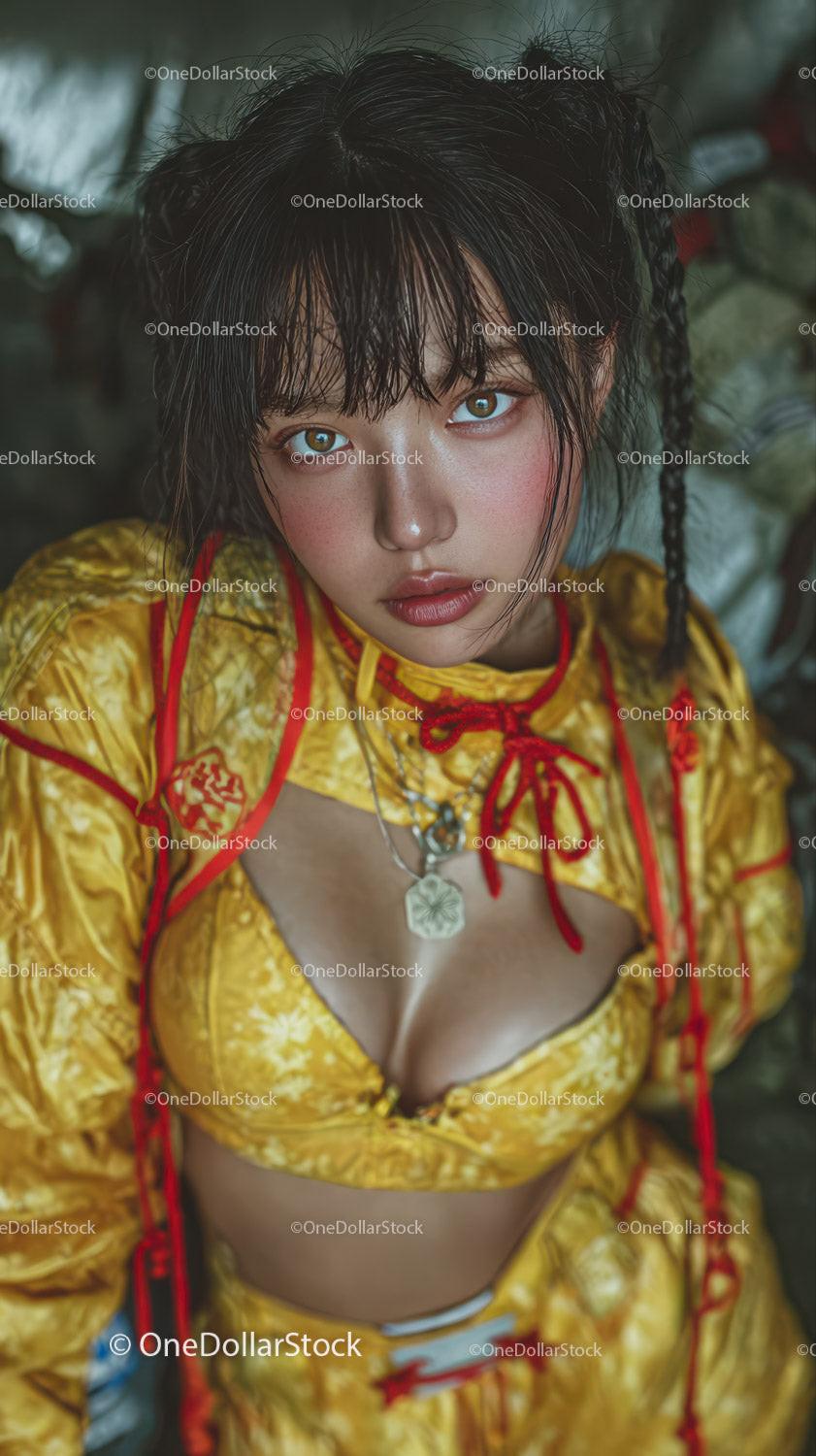Vibrant Traditional Dress with Bold Jewelry and Wet Hair Artistic Portrait