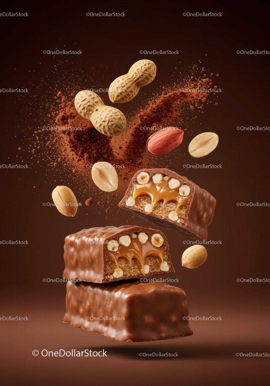 Chocolate caramel peanut candy bars with nuts and cocoa powder