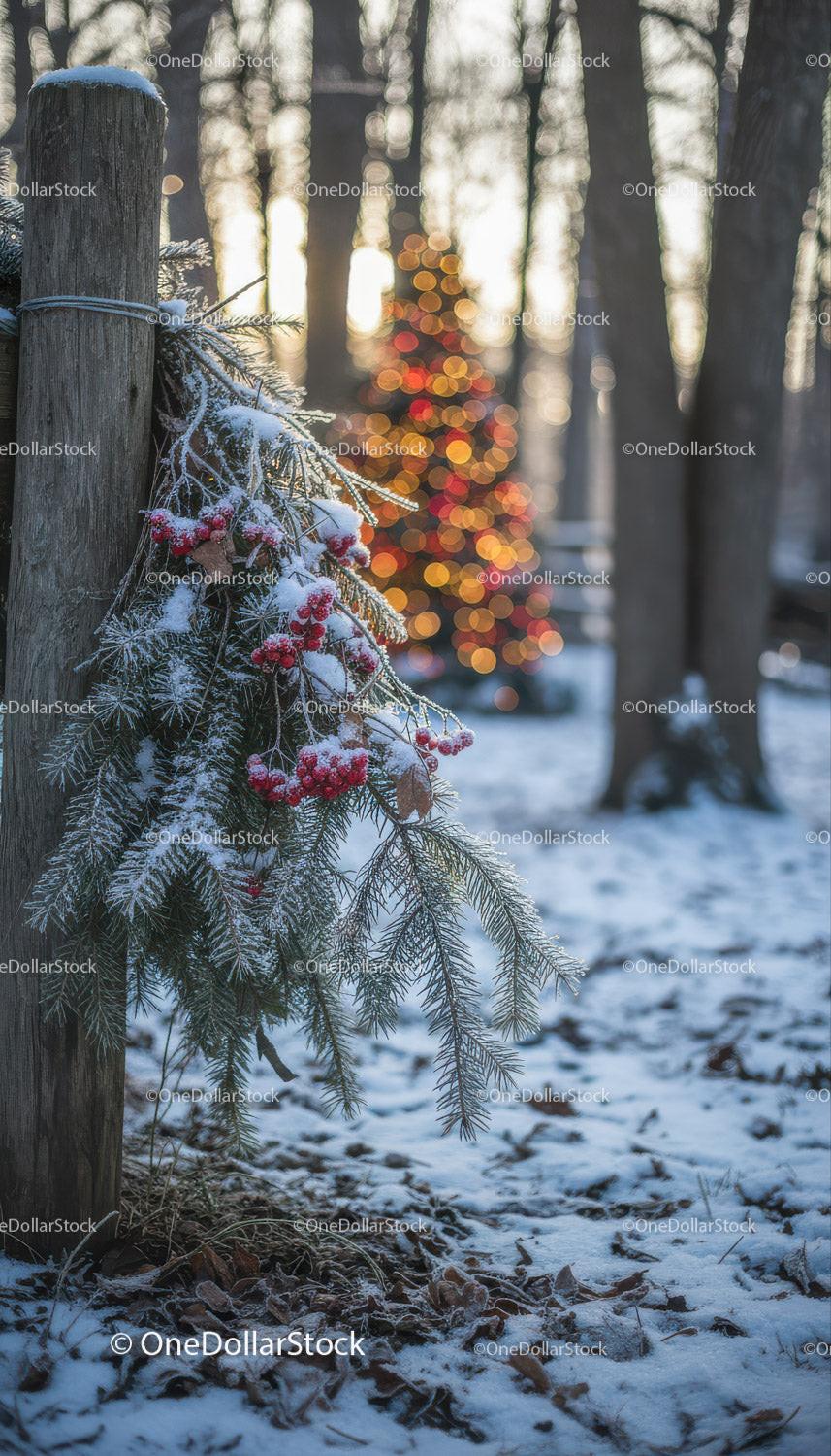 Snowy pine branches and glowing Christmas tree lights