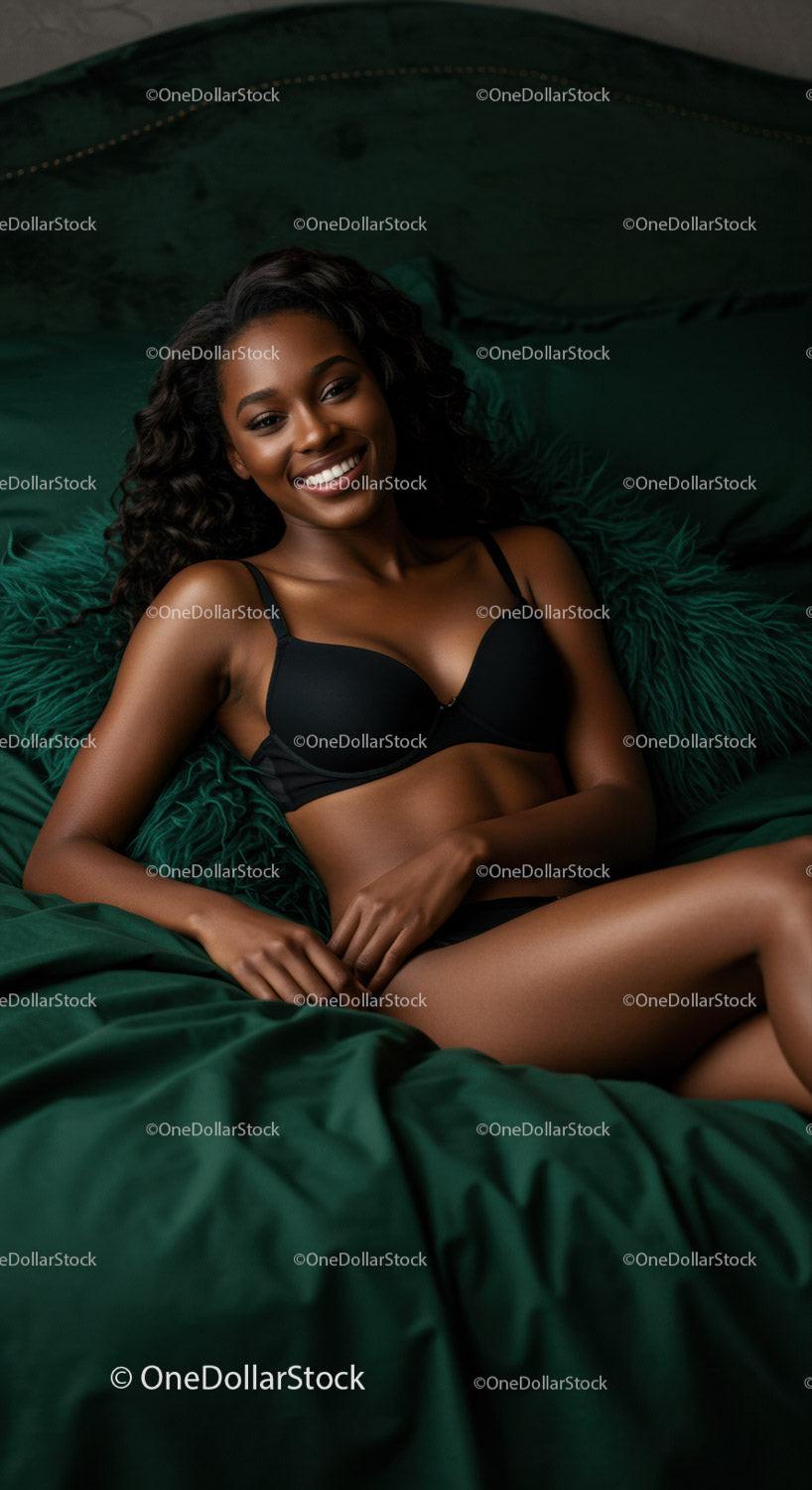 Relaxed young woman smiling on dark green bed