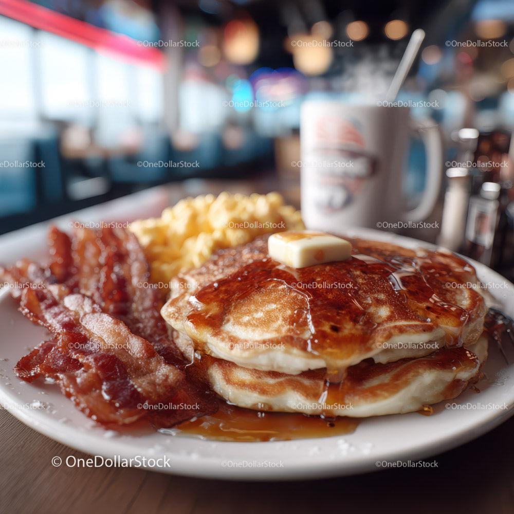Stack of Pancakes with Bacon and Eggs in Cozy Diner Setting