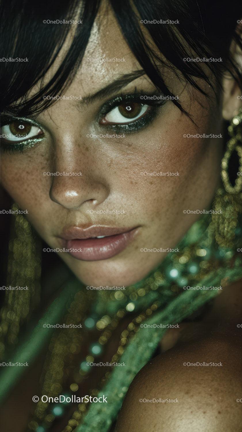 Close-up of a Woman with Glitter Makeup and Green Accessories