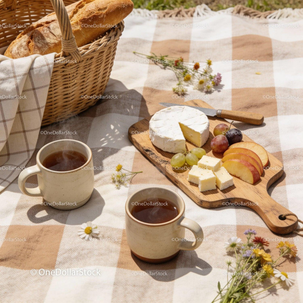 Cozy outdoor picnic with cheese, bread and tea