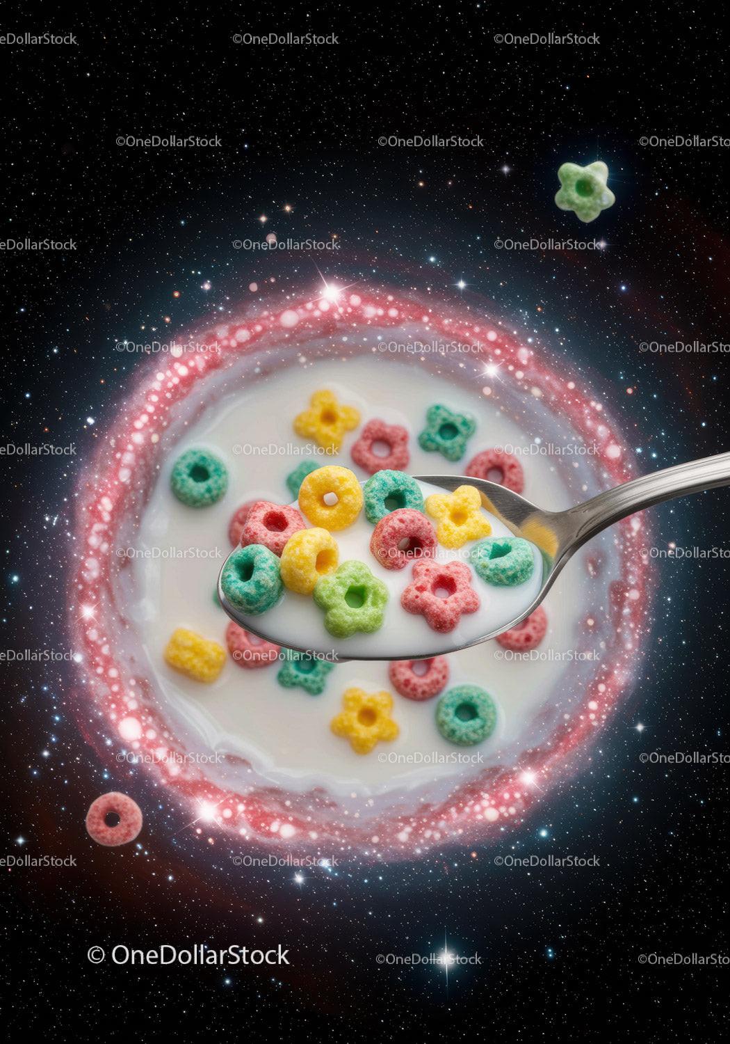 Colorful Cereal with Milk in Cosmic Space Background