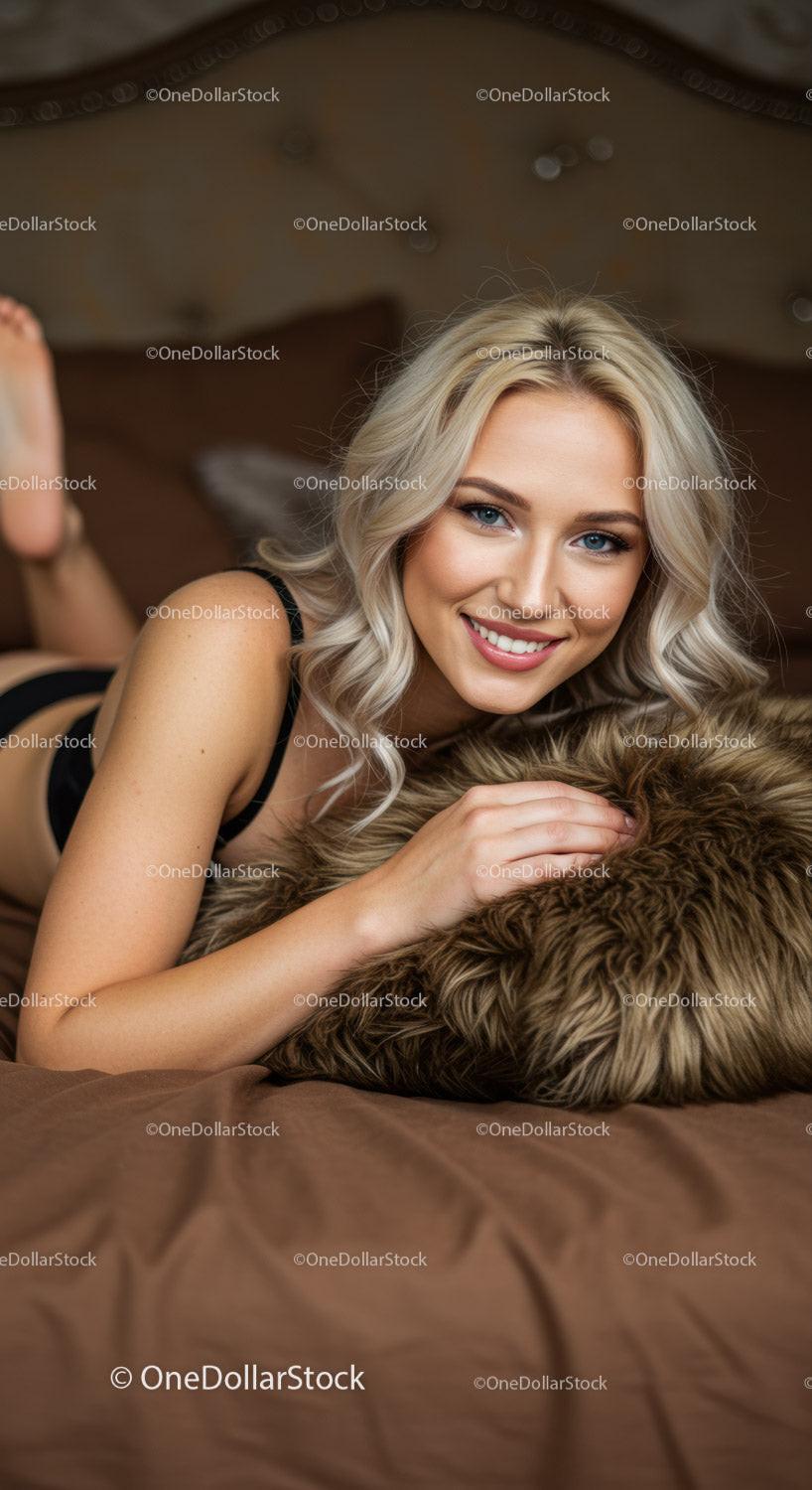 Smiling blonde woman resting on plush fur pillow