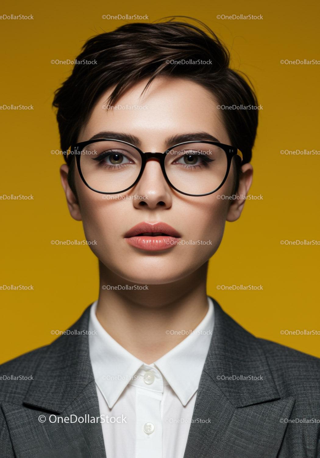 Confident Woman in Black Glasses and Business Suit Portrait
