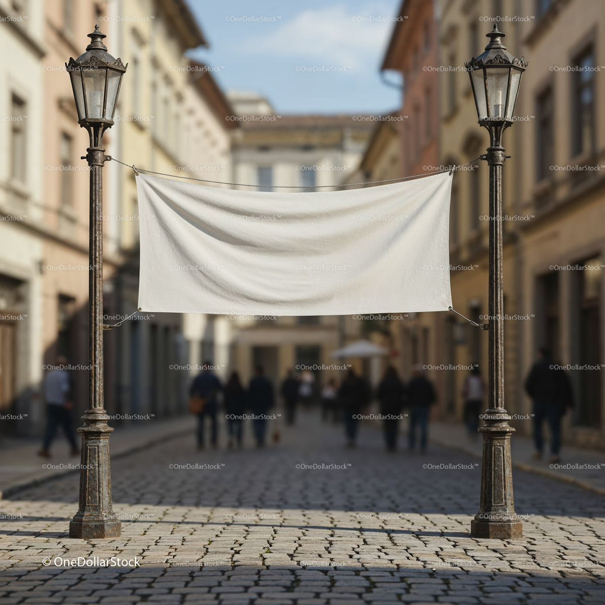 Blank white banner hanging between vintage street lamps JPG Mockup Image preview
