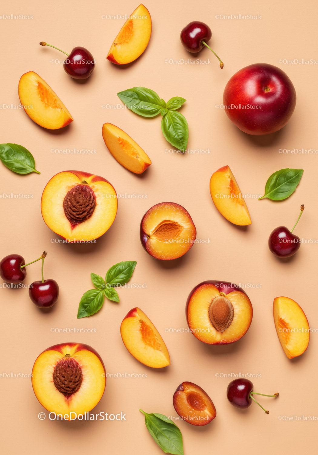 Fresh sliced peaches and cherries with basil leaves