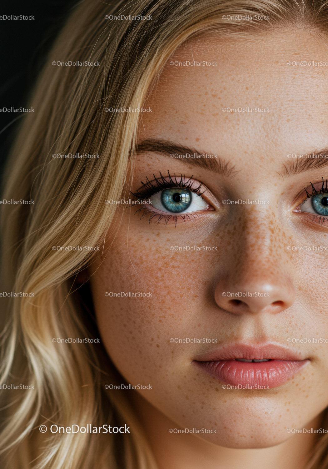 Close up portrait of young woman with blue eyes and freckles