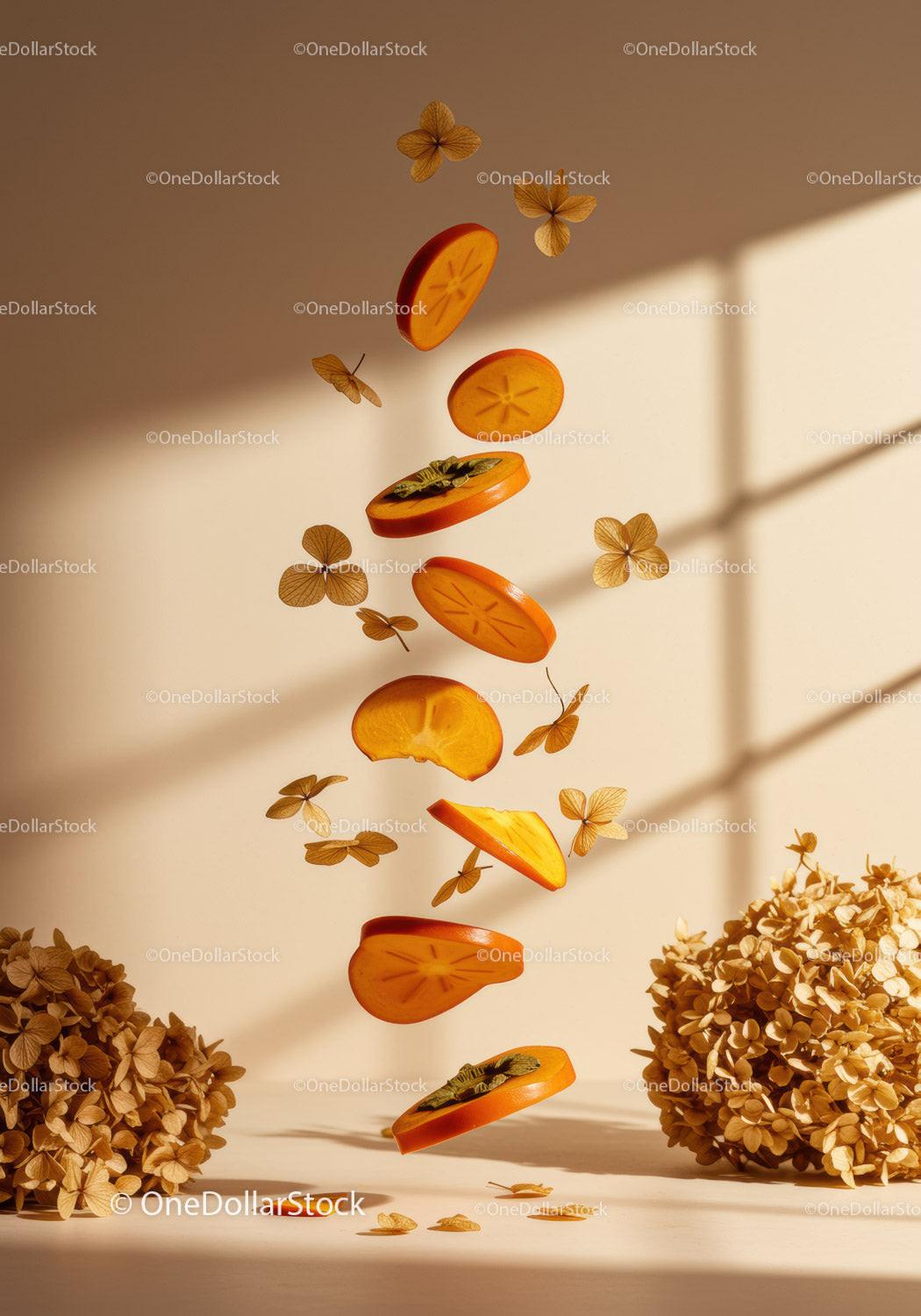Floating persimmon slices surrounded by dried flowers