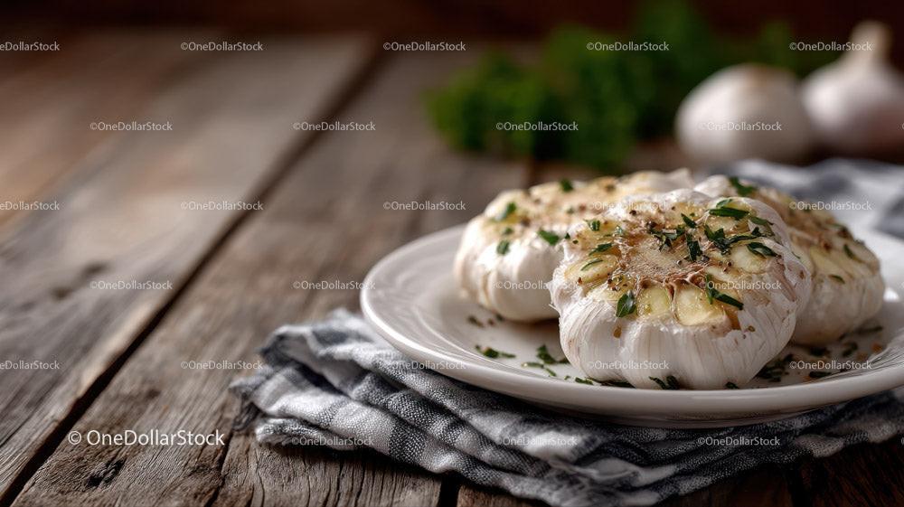 Roasted Garlic Cloves with Rosemary on Rustic Wooden Table Stock Photo Bundle creative preview 4