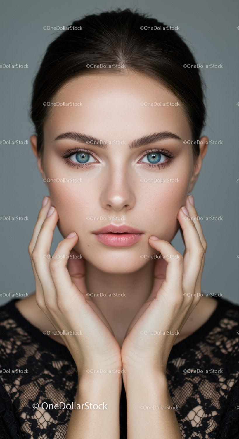 Close-up of a Beautiful Woman with Blue Eyes and Flawless Skin