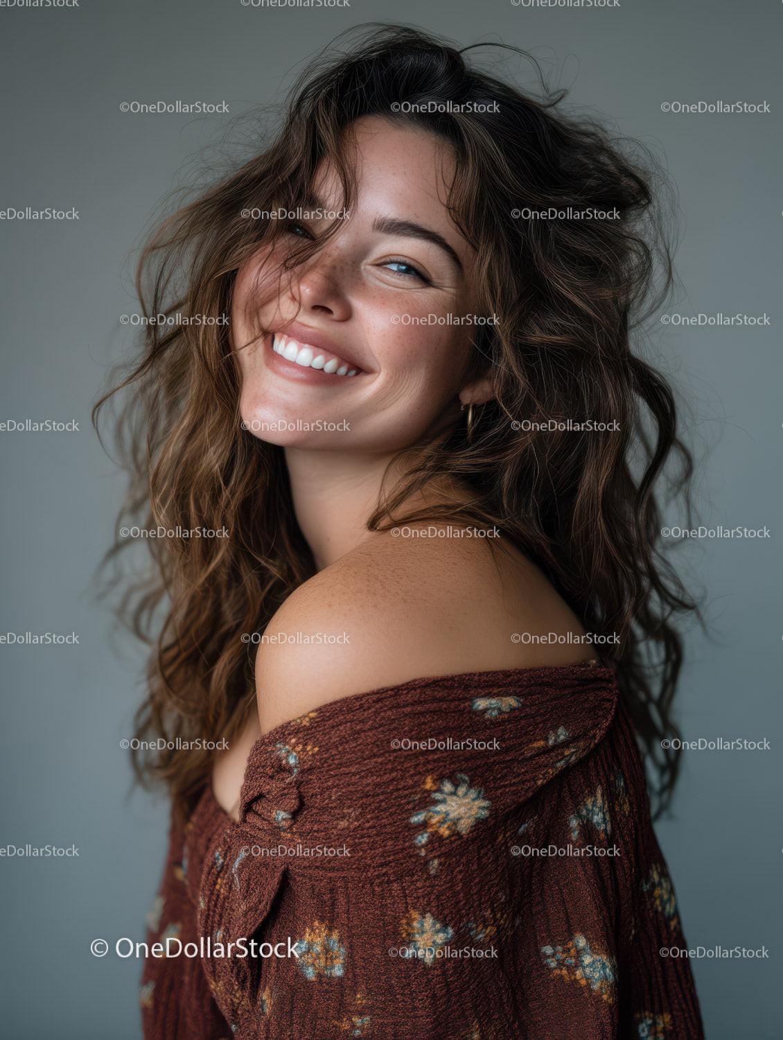 Young Woman Smiling with Curly Hair and Casual Floral Off-Shoulder Top