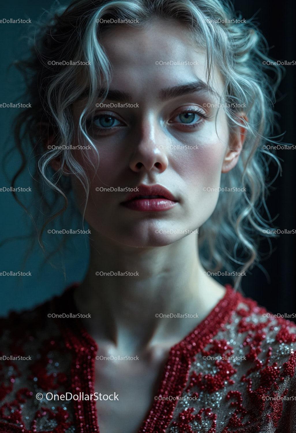 Elegant Young Woman with Blue Eyes in Red Embroidered Dress Stock Photo Bundle preview