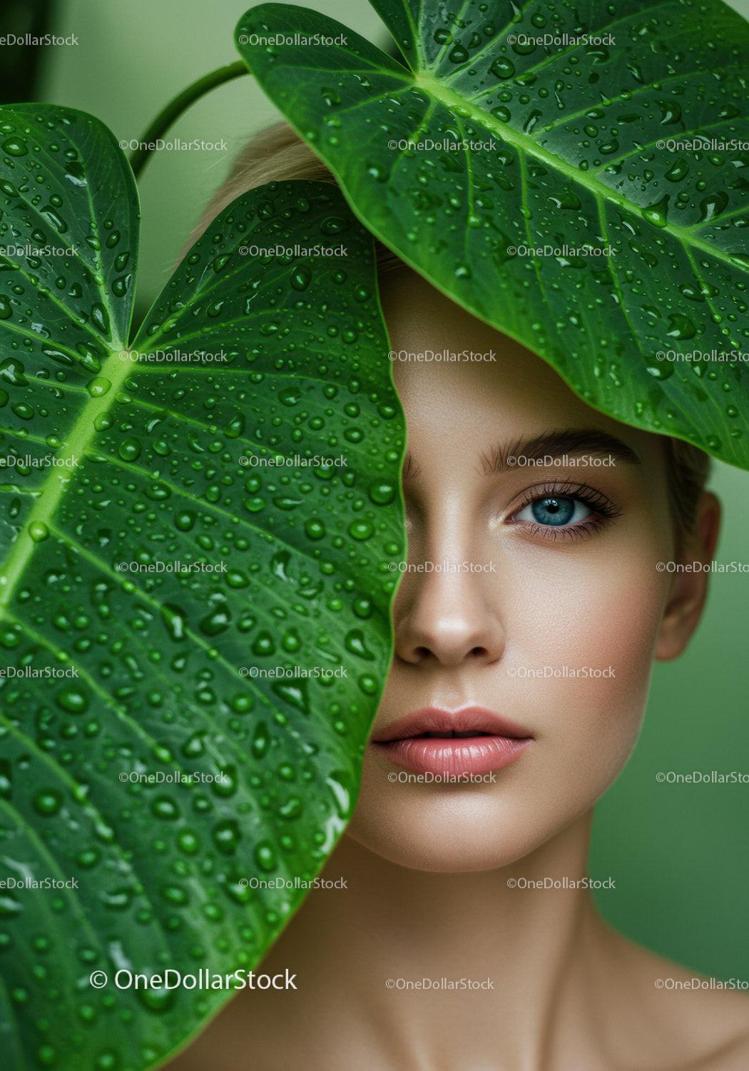 Close-up of Woman with Blue Eyes Behind Large Tropical Green Leaves with Water Droplets