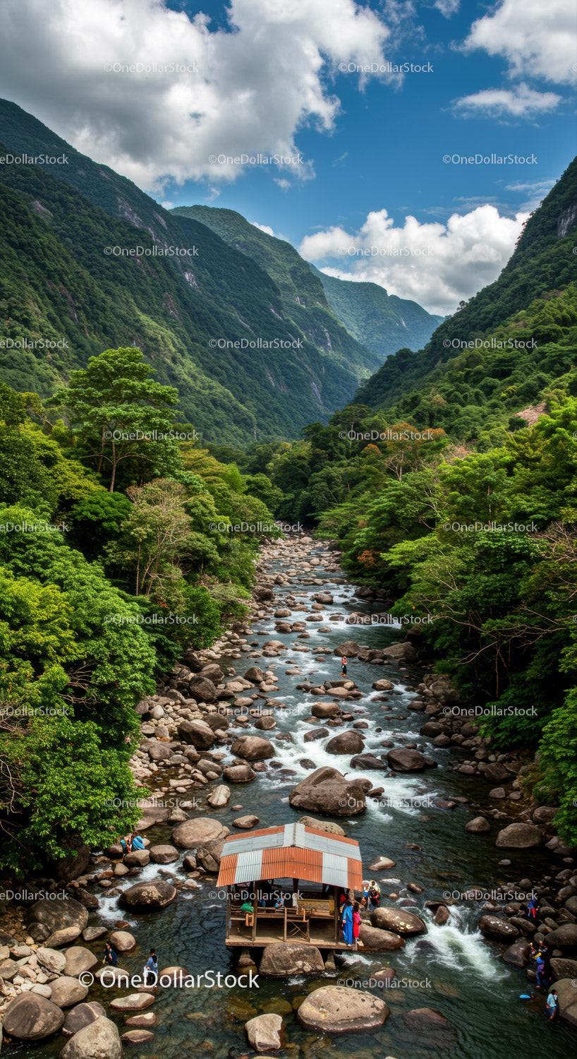 Scenic Mountain River in Lush Green Valley with Rock Formations