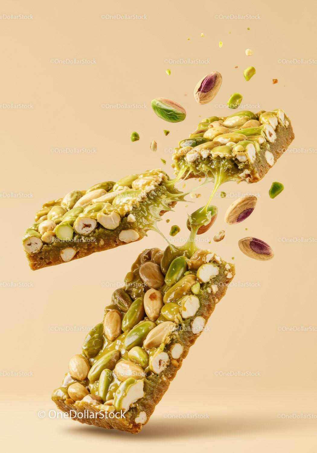 Sticky Pistachio Nut Bar Breaking with Scattered Nuts