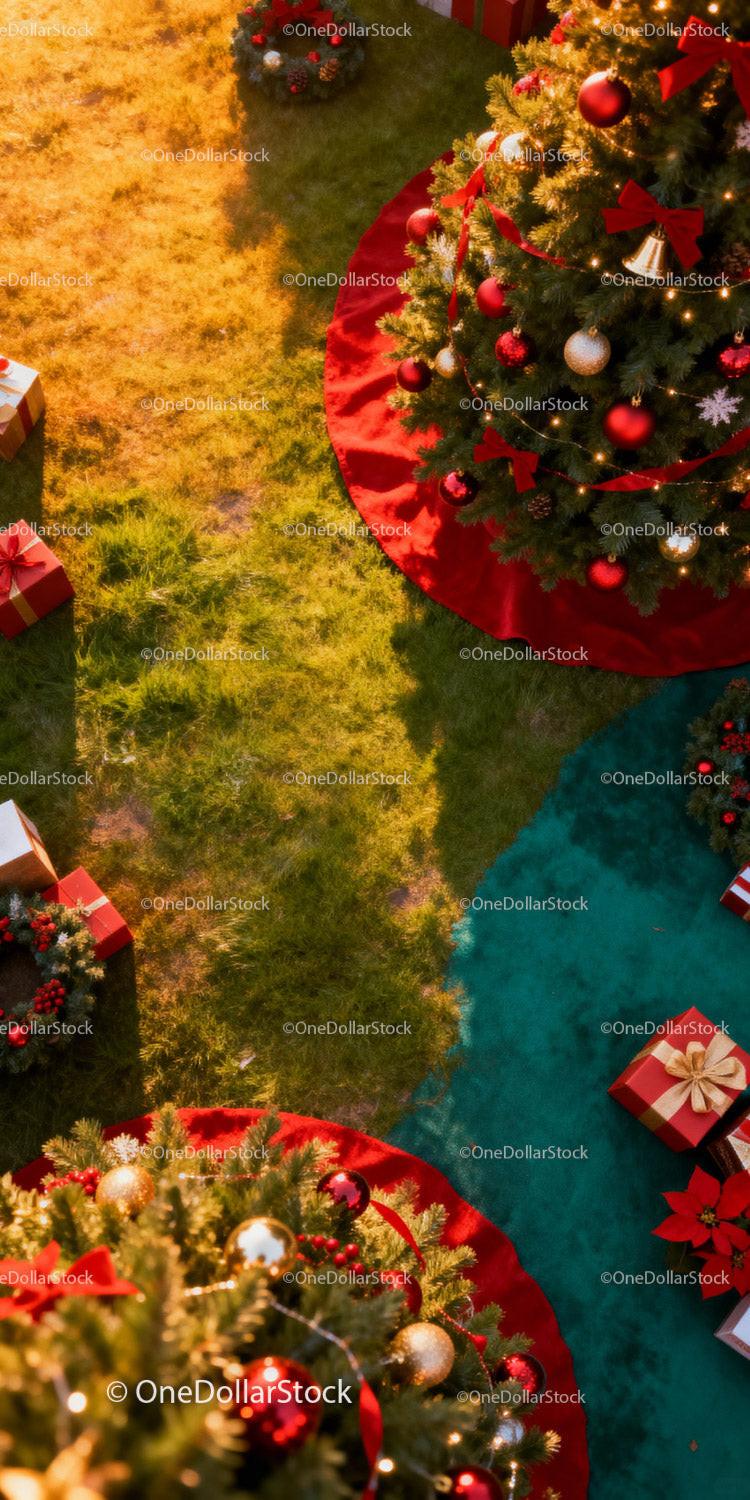 Christmas trees and holiday gifts on festive grass