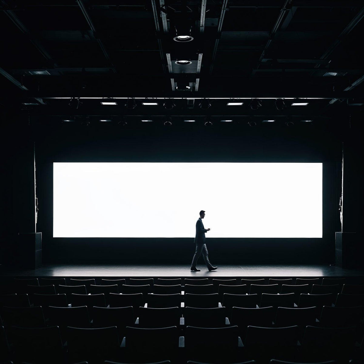 Businessman walking across empty theater stage with screen JPG Mockup Image preview