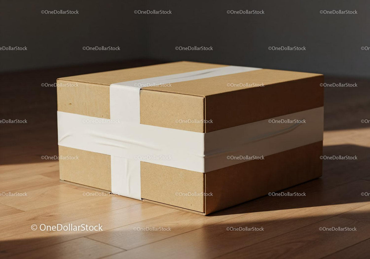 Minimalist brown cardboard box sealed with white tape JPG Mockup Image preview