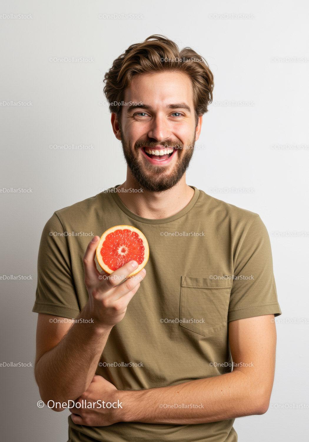 Smiling Man Holding Grapefruit in Bright Casual Setting