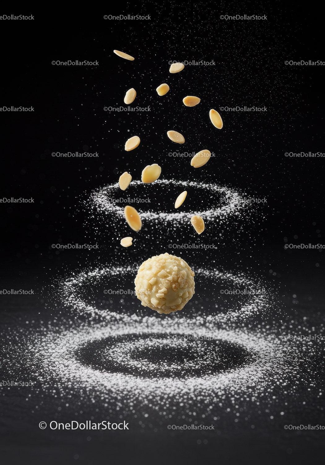 Almond coated ball with flying almond slices and powdered sugar