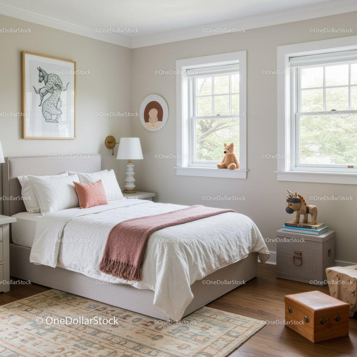 Bright Nursery with Plush Teddy Bear and Wooden Chest