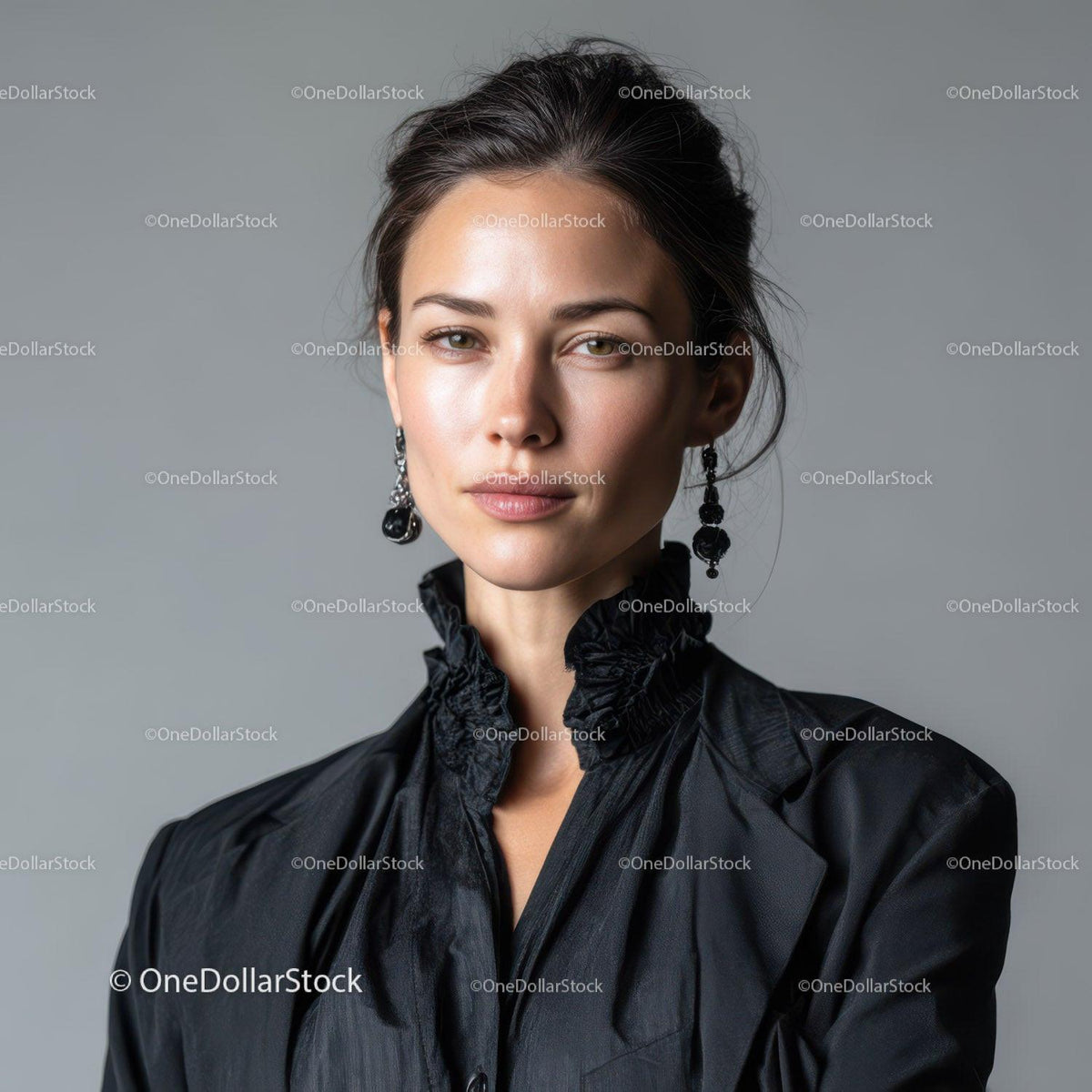 Elegant Woman in Black Blouse with Earrings Portrait Stock Photo