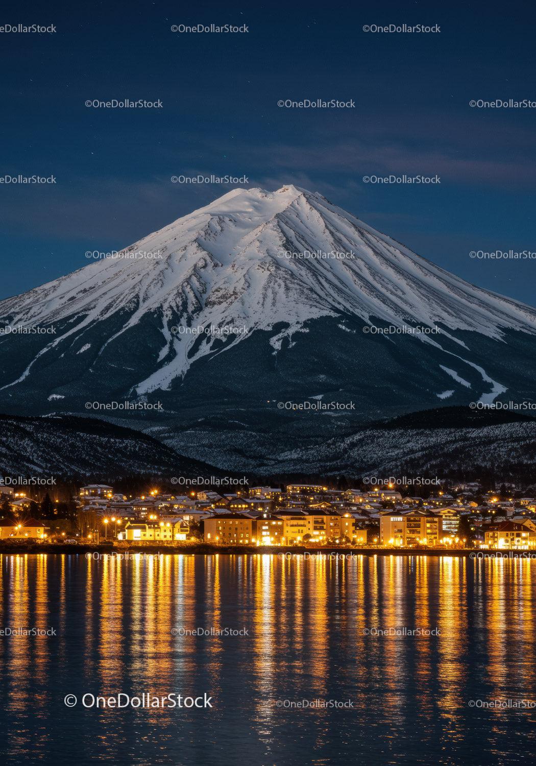Snowy Mountain Overlooking Illuminated Waterfront Town