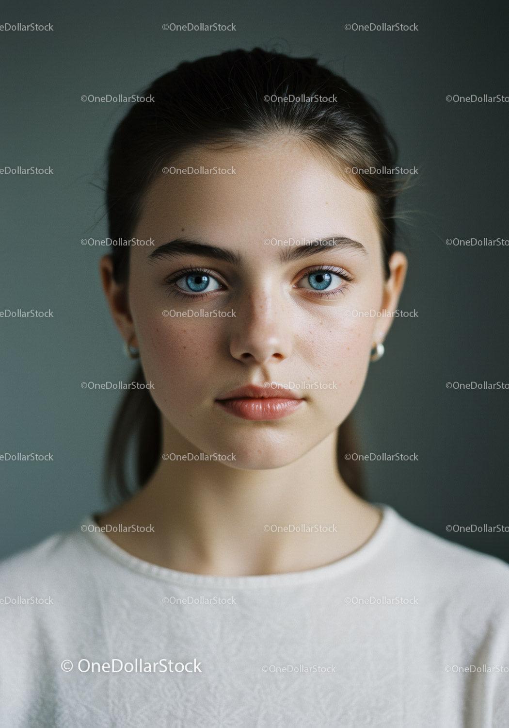 Elegant Young Woman with Bright Blue Eyes in Minimalist Portrait