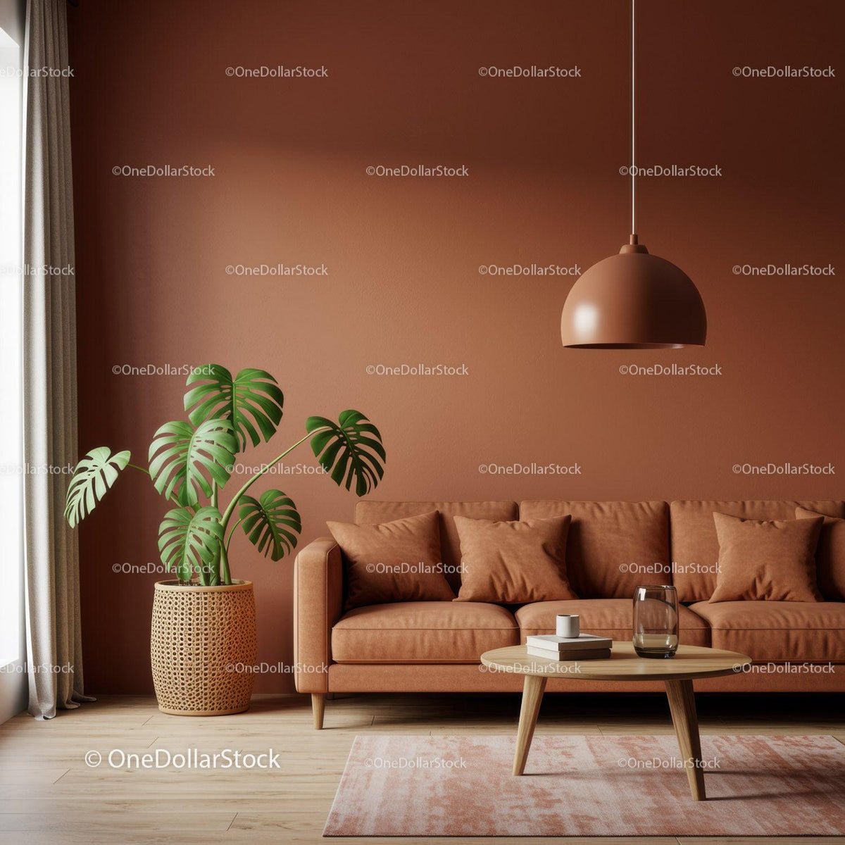 Contemporary Living Room with Terracotta Wall and Indoor Plant