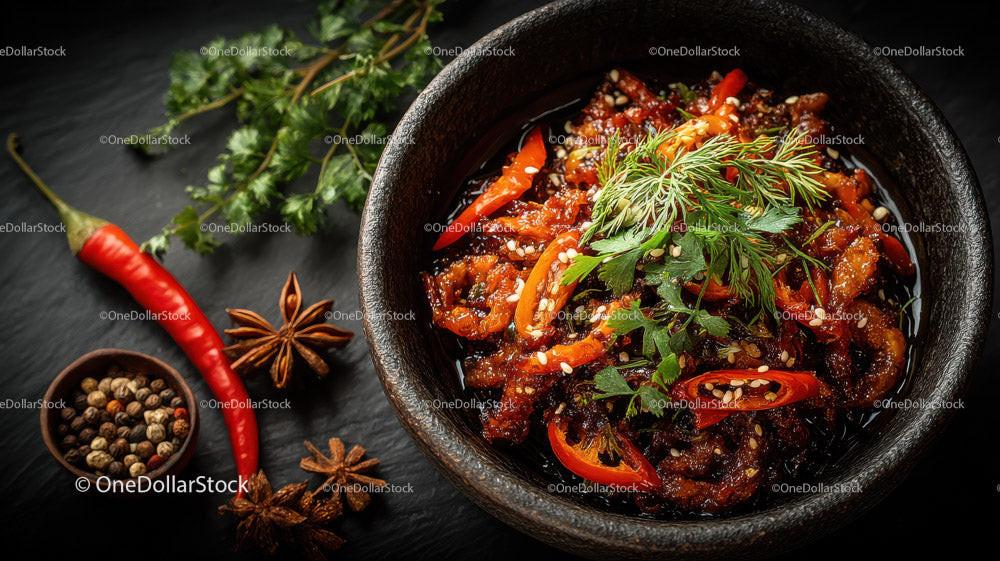 Spicy Asian Beef Stew with Rice and Fresh Herbs in a Black Stone Bowl Stock Photo Bundle preview 9