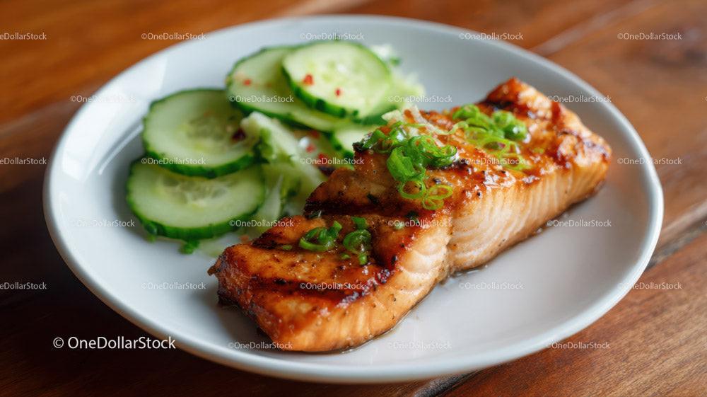 Grilled Fish with Cucumber Slices on Rustic Wooden Table Stock Photo Bundle preview 11