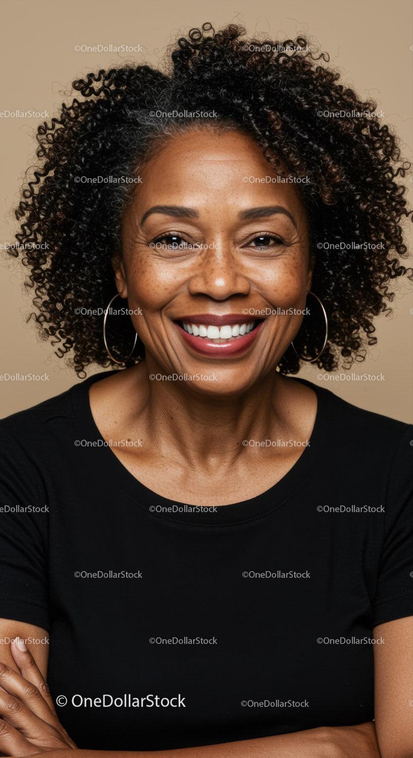 Confident Smiling African American Woman in Black T-Shirt