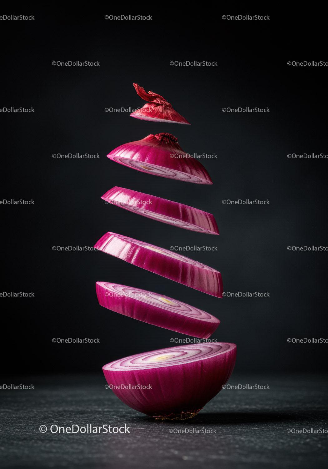 Floating Sliced Red Onion Against Dark Background