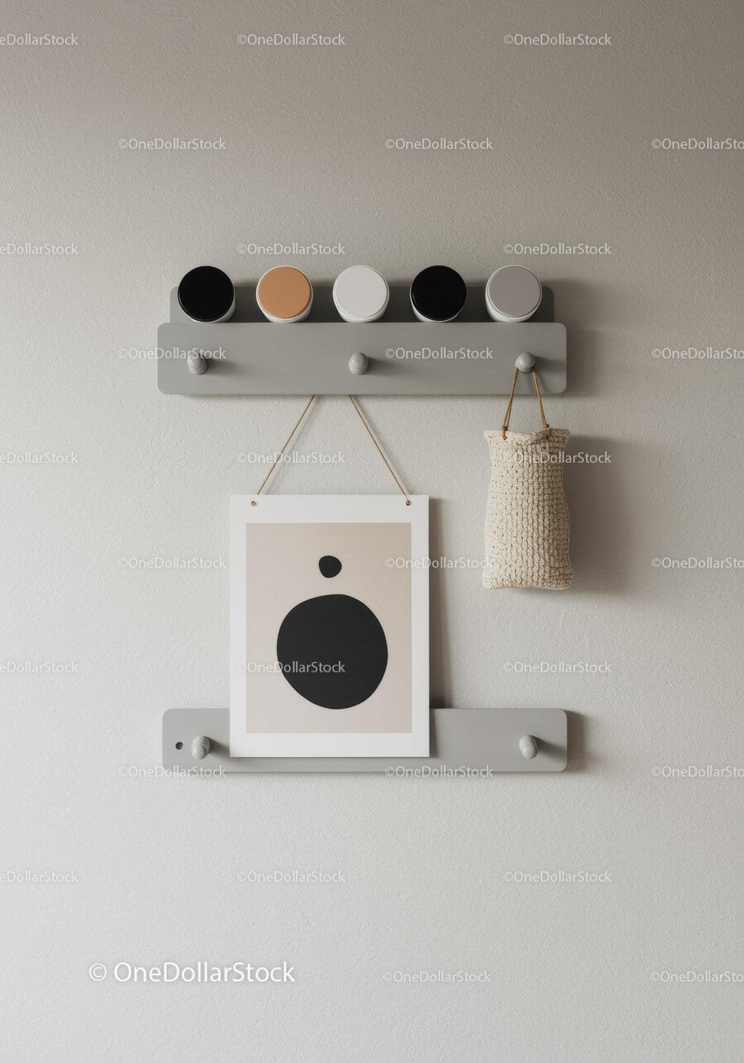 Modern Minimalist Wall Art Shelf with Frame and Hooks in Neutral Tones