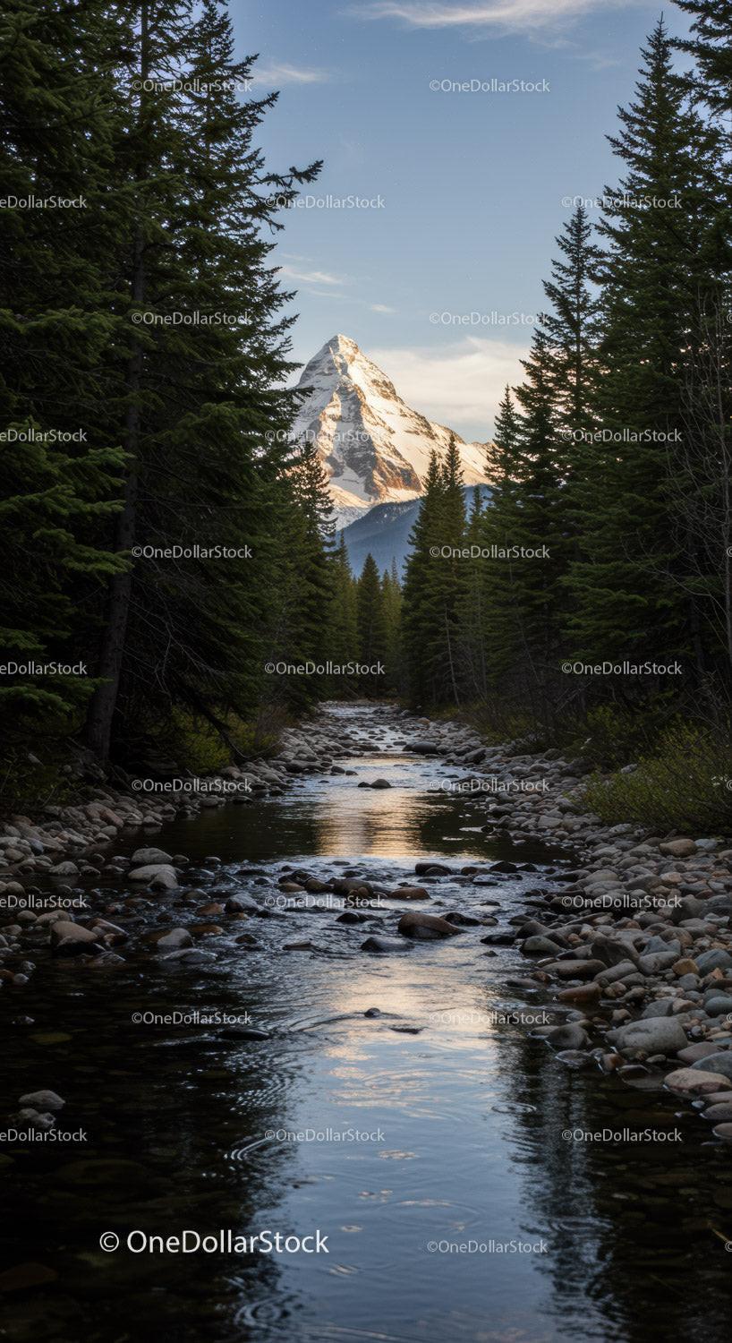 Snow-capped mountain framed by dense pine forest and river